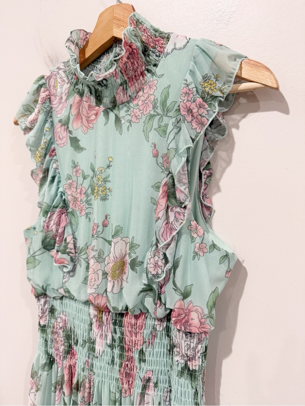 STELLA & JULIE Floral Ruffle Midi Dress Mint Green Smocked Waist Mock Neck Sz 4 - Picture 4 of 8